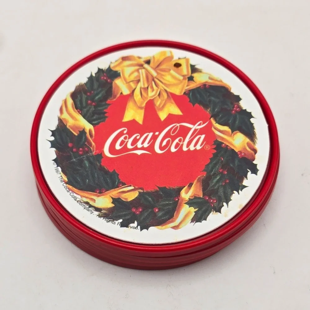 Coca-Cola Christmas Wreath Coaster Set of 4 Red Plastic 1991